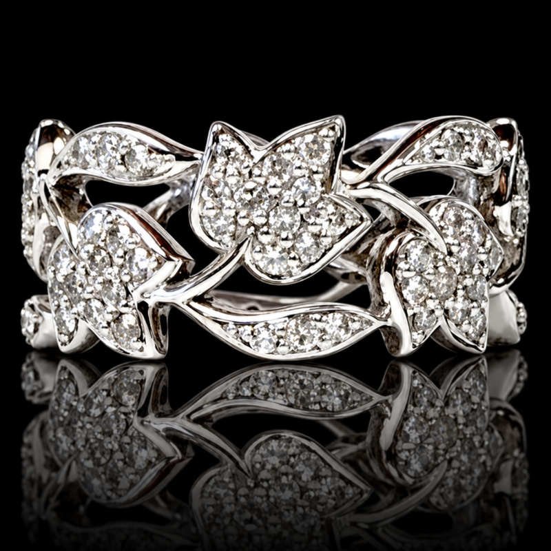 Tulip diamond eternity band in Platinum 950 with openwork flowers and leaves, shown on a black background with reflection