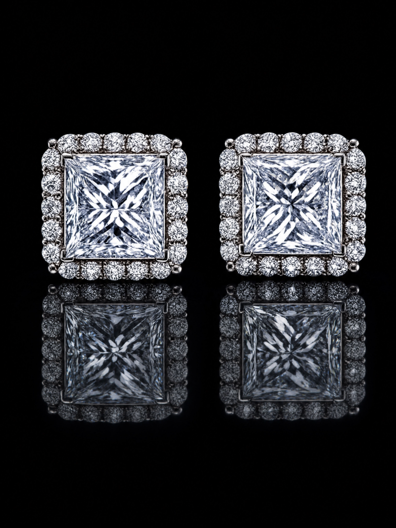 Pair of princess-cut diamond halo stud earrings in white gold, with square centers surrounded by round diamonds, reflected on a black background.