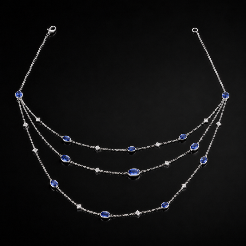 Oval sapphires and white diamonds bezel set layered chain necklace - 18k