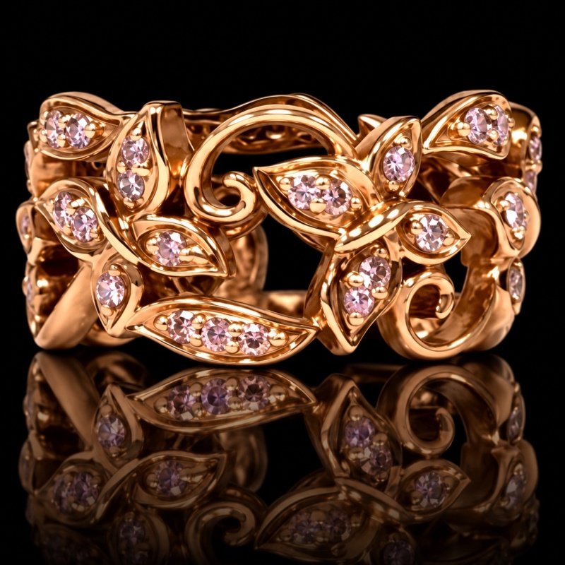 Rose gold butterfly eternity band with fancy pink diamonds, leaf motifs and curled scrolls, displayed on a black background with reflection
