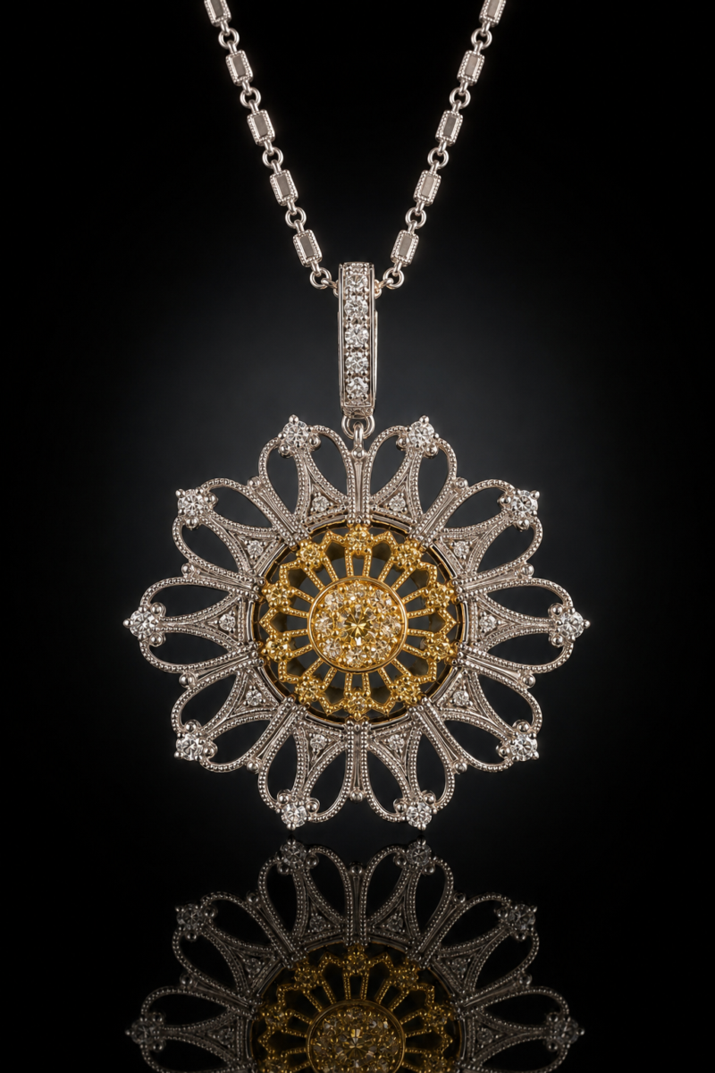 Starburst diamond pendant with a yellow gold center, openwork white gold petals and a diamond-set bail, shown on a chain against a reflective black background.
