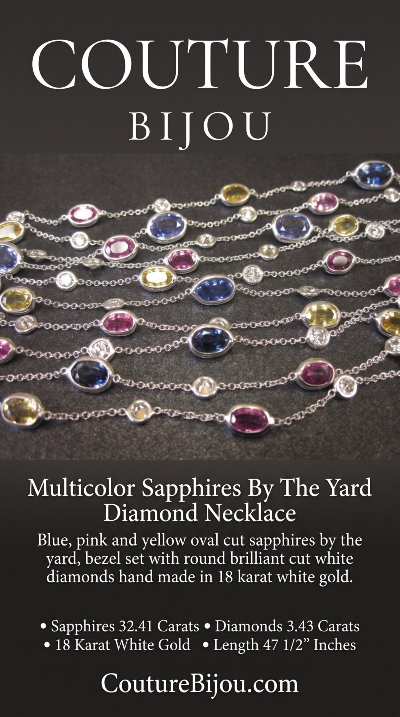 Blue, pink and yellow oval cut sapphires by the yard handmade in 18 karat white gold