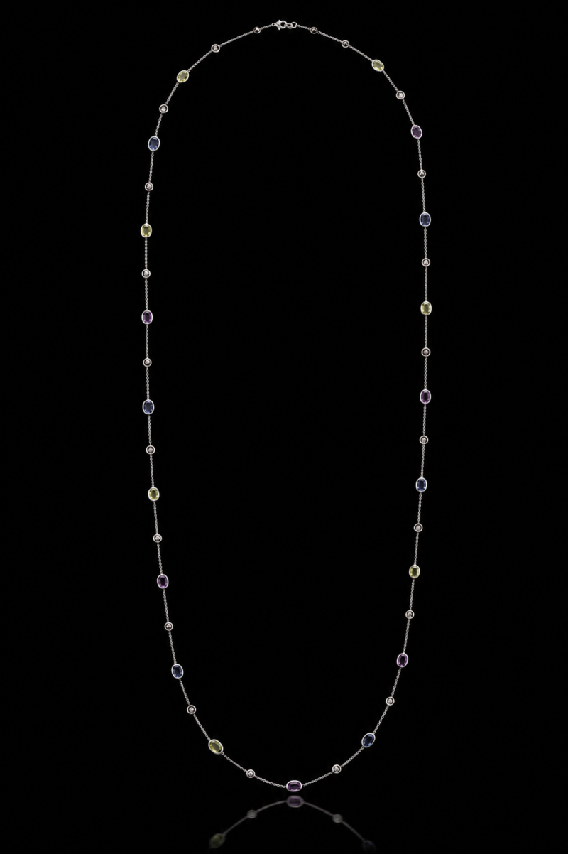 Blue, pink and yellow oval cut sapphires by the yard handmade in 18 karat white gold