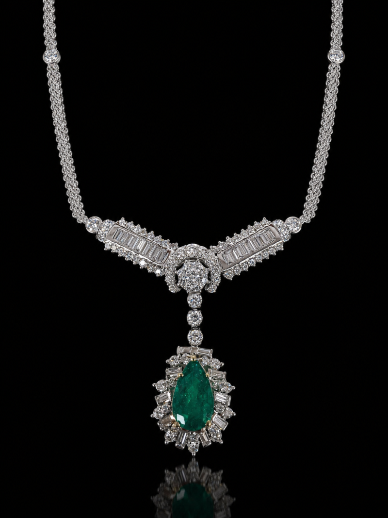 Pear-shaped emerald and diamond necklace in 18 karat white gold.