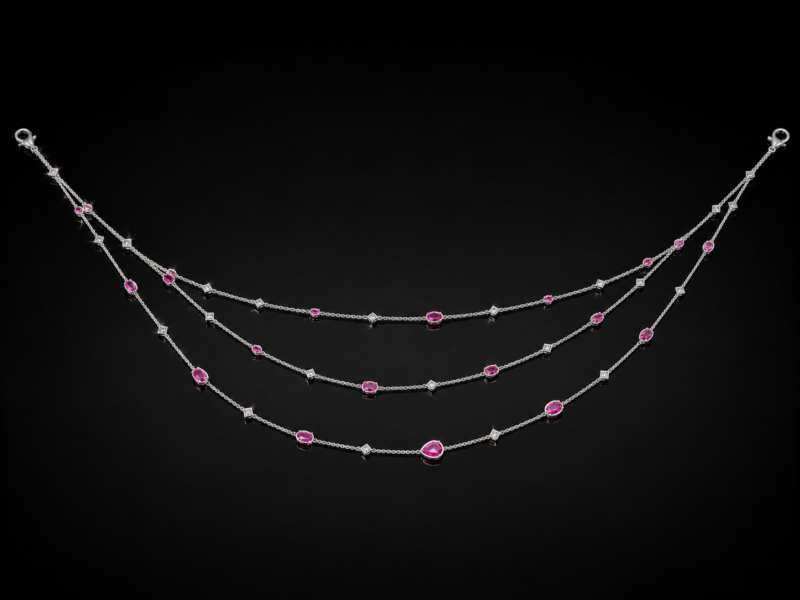 Pink sapphire and princess-cut diamond layered necklace in 18 karat white gold, arranged in three graduated drapes on a black background