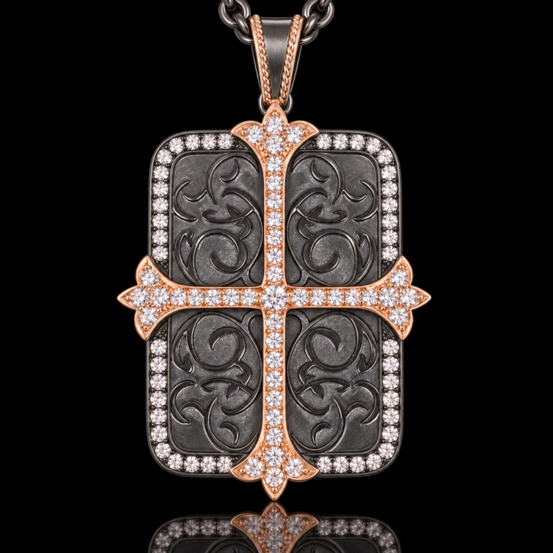 Diamond cross tag pendant in silver and 14 karat rose gold.
