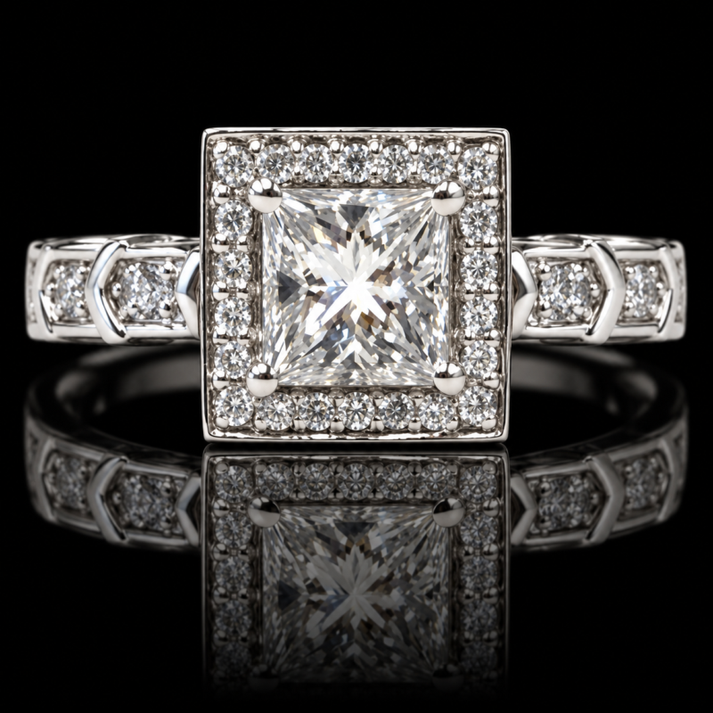 Front view of a princess-cut diamond halo ring in platinum, with round diamonds along geometric shoulders and a reflection on black.