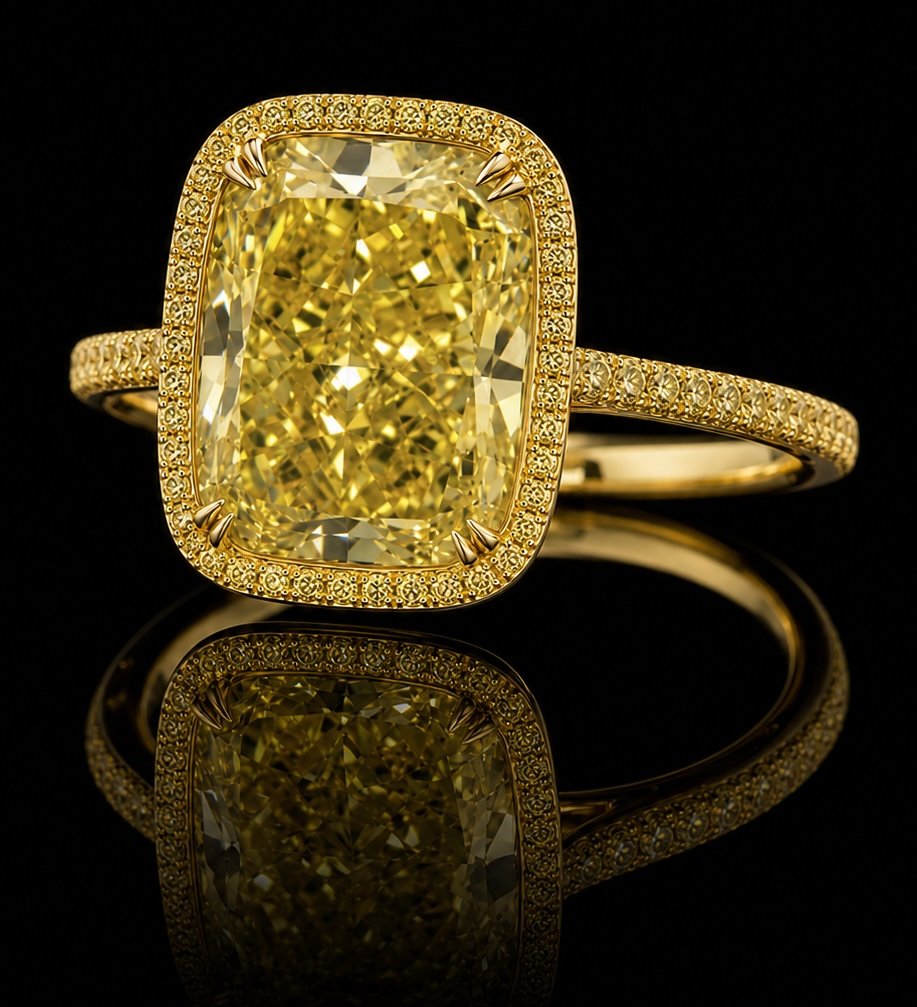 Couture Bijou 4.53 carat fancy intense yellow cushion diamond ring