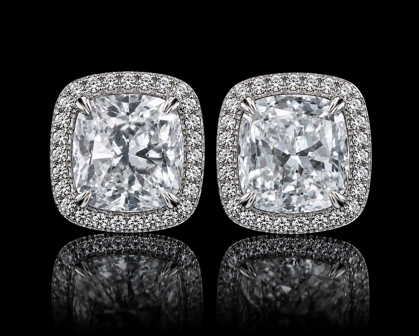 Couture Bijou 3.04 and 3.07 carat cushion cut diamond earrings