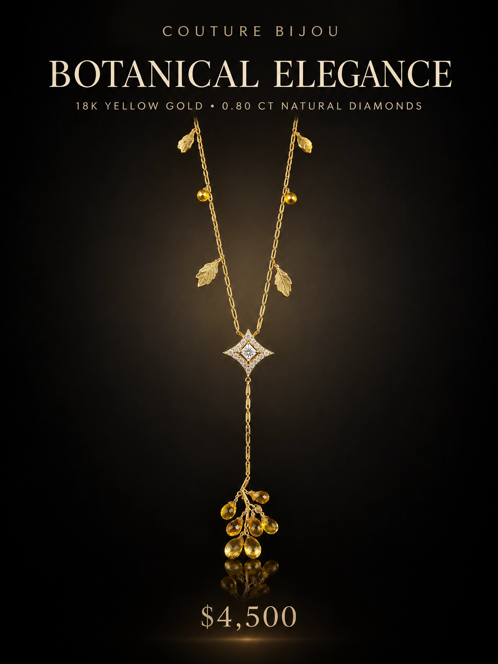 Princess Cut Diamond & Gold Leaf Y-Necklace - 18K Yellow Gold | Couture Bijou