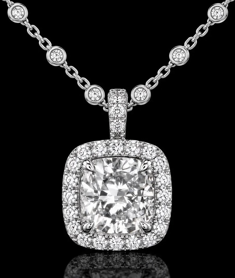 4 Carat Cushion Cut Natural Diamond Halo Pendant | Couture Bijou