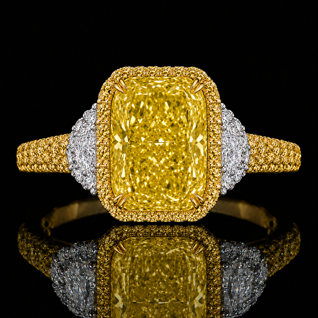 2 Carat Fancy Yellow Cushion Cut Natural Diamond Halo Ring GIA | Couture Bijou