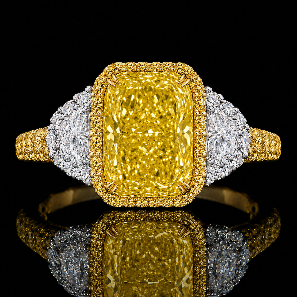 4.53ct Fancy Intense Yellow Cushion Cut Diamond Halo Ring GIA | Couture Bijou