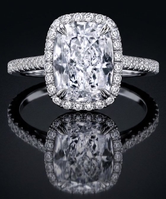 3 Carat E Color SI1 Cushion Cut Diamond Halo Ring GIA | Couture Bijou