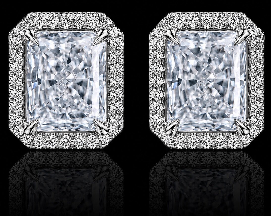 6 Carat Radiant Cut Diamond Halo Stud Earrings GIA | Couture Bijou
