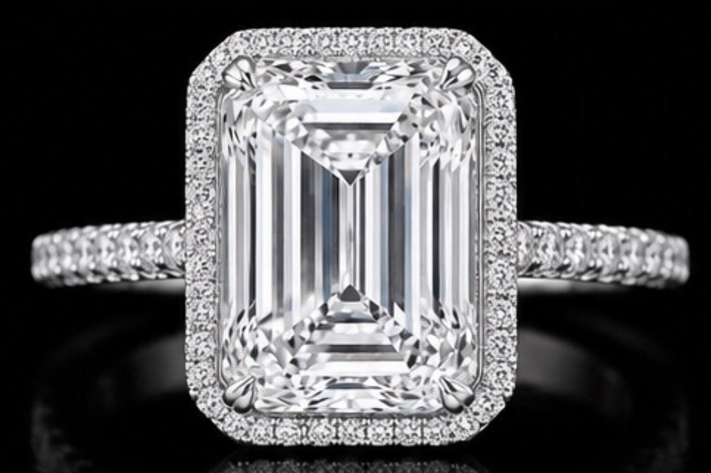 3 Carat E VVS2 Emerald Cut Natural Diamond Halo Ring GIA | Couture Bijou
