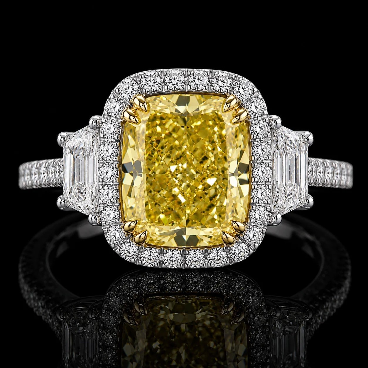 4 Carat Fancy Intense Yellow Cushion Cut Natural Diamond Halo Ring GIA | Couture Bijou