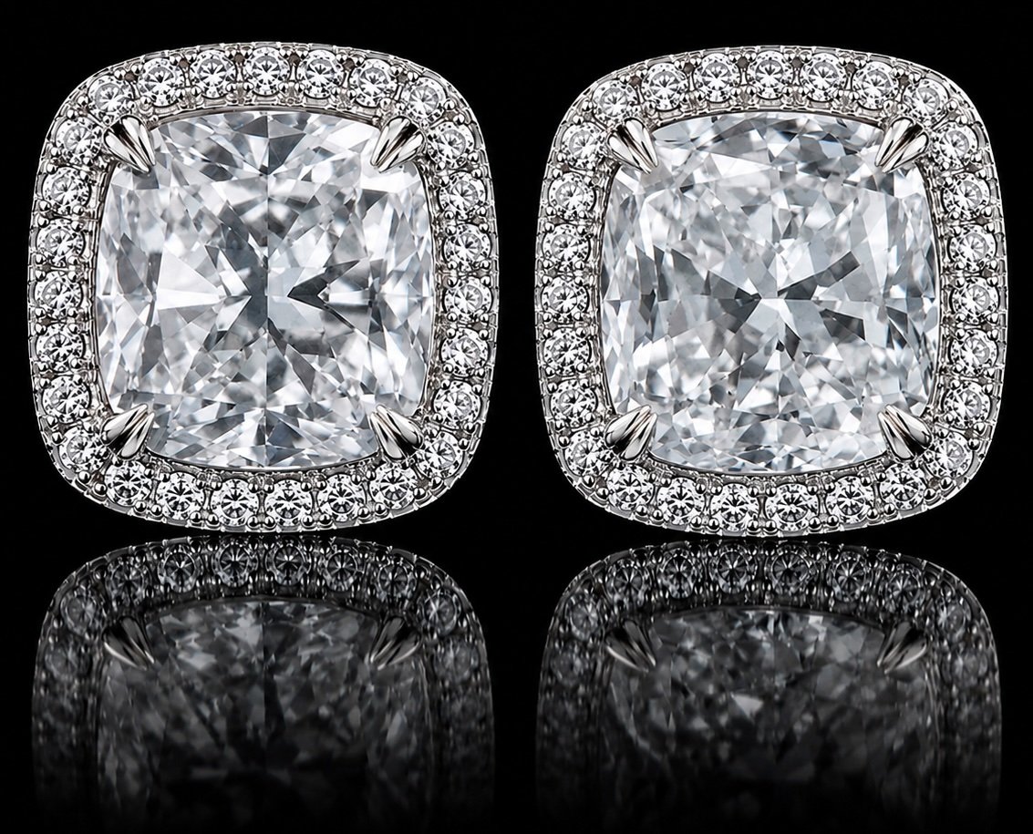 6 Carat Natural Cushion Cut Diamond Halo Stud Earrings GIA | Couture Bijou