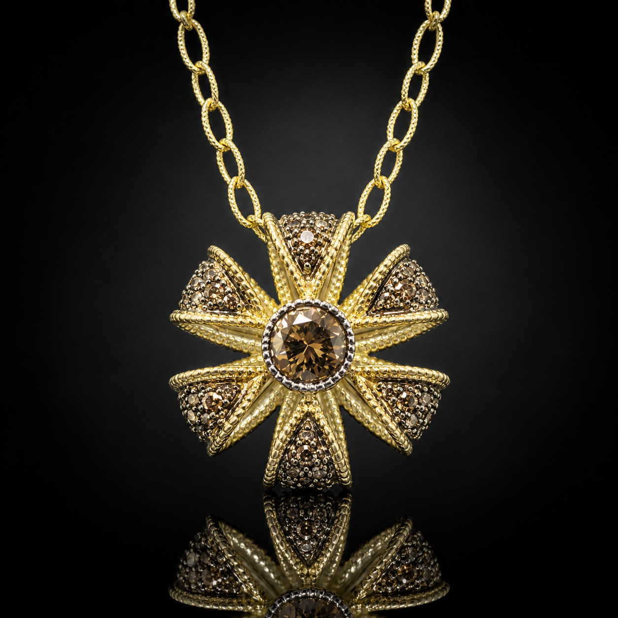 Brown Diamond Flower Pendant Handcrafted in 18K Tricolor Gold