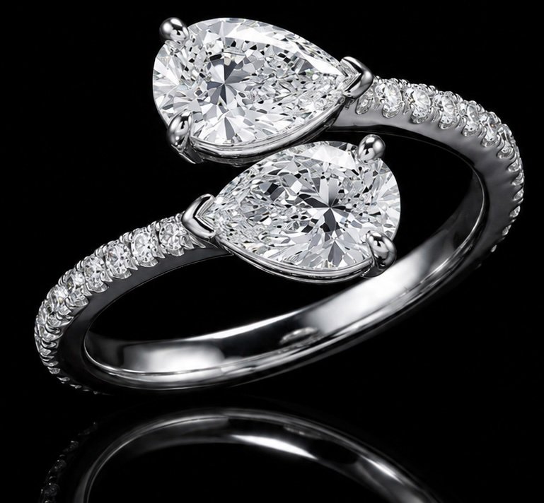 6 Carats Pear Shape Diamond Toi et Moi Bypass Ring GIA | Couture Bijou